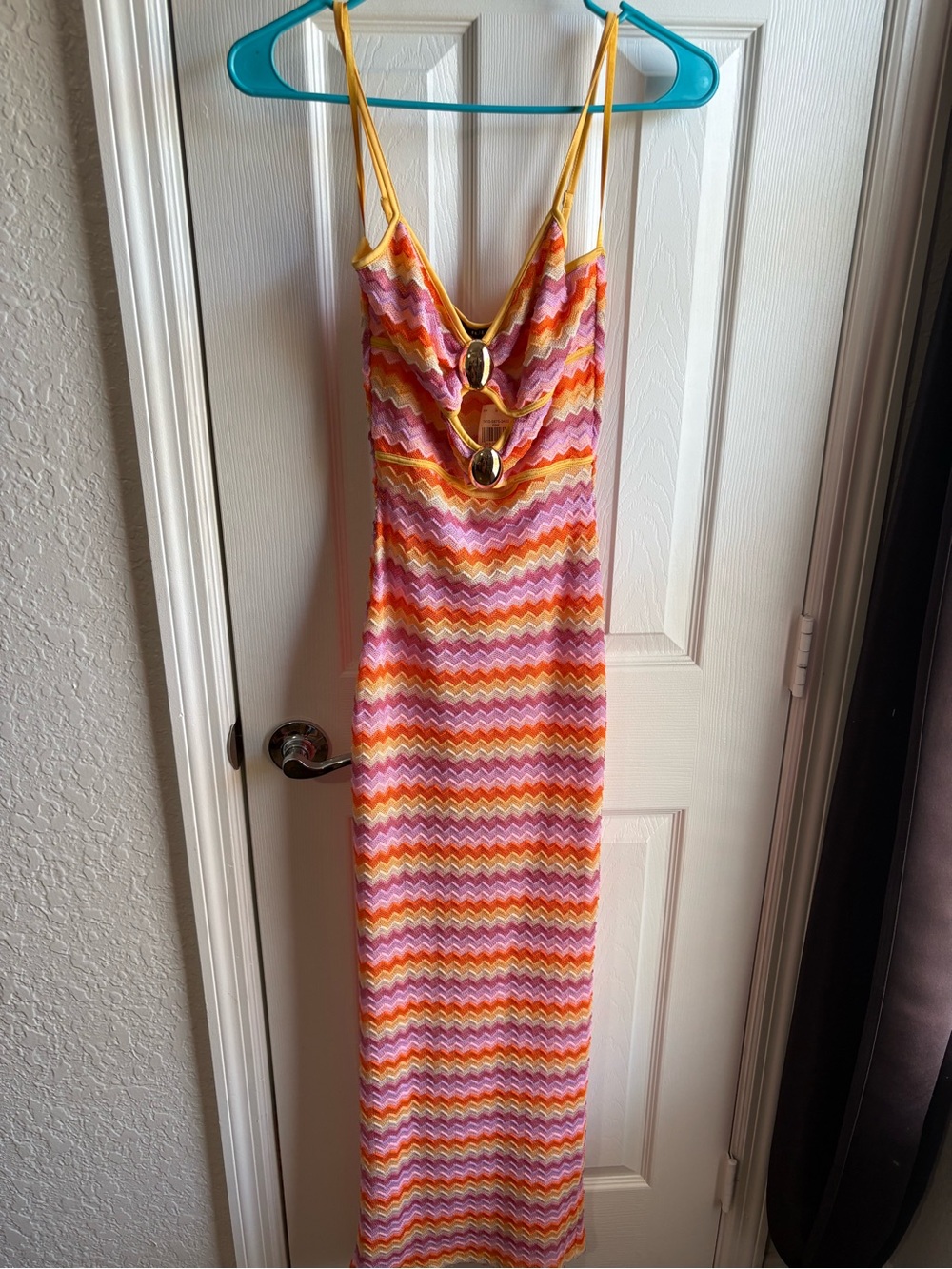 Yellow Multi-Color Zigzag Maxi Dress with Gold Accent
